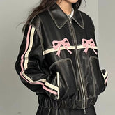Lizakosht - new Y2K Korean Harajuku sweet cool bow retro rubbing black leather coat motorcycle spice girl fashion slim coat street wear