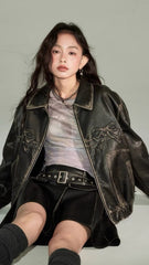 Lizakosht - new Y2K Korean Harajuku sweet cool bow retro rubbing black leather coat motorcycle spice girl fashion slim coat street wear