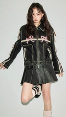 Lizakosht - new Y2K Korean Harajuku sweet cool bow retro rubbing black leather coat motorcycle spice girl fashion slim coat street wear