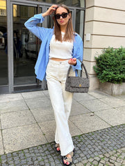 Lizakosht 3009# White High Waist Chic Vintage Raw Edge Mopping Pants 2023 Fashion Flare Pants For Women Long Streetwear Denim Trousers