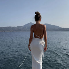 Lizakosht 3D Floral Lace Up Backless Cover Up For Women Beach dress High Slit Hollow Out Dress Summer Sexy Beach Vacation Outfit