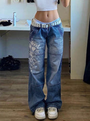 Lizakosht Gothic Print Baggy Jeans Y2K Autumn Low Rise Trousers Vintage Casual Wide Leg Denim Aesthetic Women Cargo Pants Black