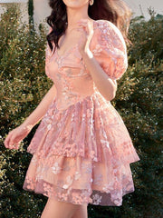 Lizakosht Pink Sequin Embroidery Dress Women Summer Vacation Mini Bodycon Dress Puff Sleeve Square Neck Vintage Vestido