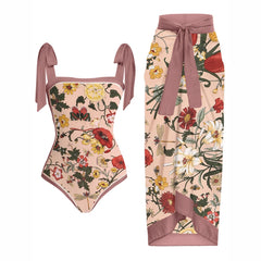 Lizakosht 2023 Vintage Floral Print One-Piece Triangle Micro Bikinis Sexy Swimsuit Pink Swimwear Women With Cover Up Summer Beach Luxury