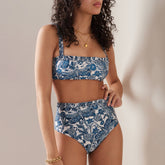 Lizakosht Blue Printed Two Piece Sling Swimsuit Pleated Straps Retro High Waist Micro Bikini Pool Swimwear Push Up Beachwear