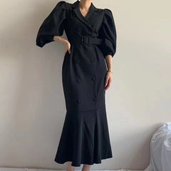 Clothland Women Elegant Midi Mermaid Dress Double Breasted Long Sleeve Belt Sashes Army Green Trumpet Dresses Mujer QB297