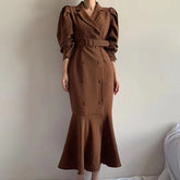 Clothland Women Elegant Midi Mermaid Dress Double Breasted Long Sleeve Belt Sashes Army Green Trumpet Dresses Mujer QB297