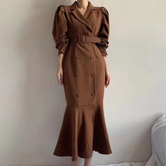 Clothland Women Elegant Midi Mermaid Dress Double Breasted Long Sleeve Belt Sashes Army Green Trumpet Dresses Mujer QB297