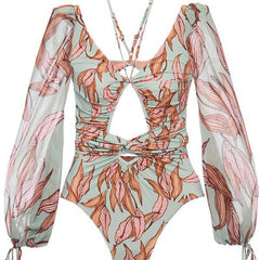Lizakosht Sexy V-Neck Bandage Printing Long Sleeves Swimwear Women's Suit Surf Wear Push Up Micro Swimsuit Luxury Shorts Bourkini