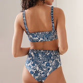 Lizakosht Blue Printed Two Piece Sling Swimsuit Pleated Straps Retro High Waist Micro Bikini Pool Swimwear Push Up Beachwear