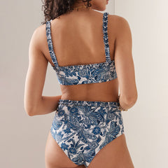 Lizakosht Blue Printed Two Piece Sling Swimsuit Pleated Straps Retro High Waist Micro Bikini Pool Swimwear Push Up Beachwear