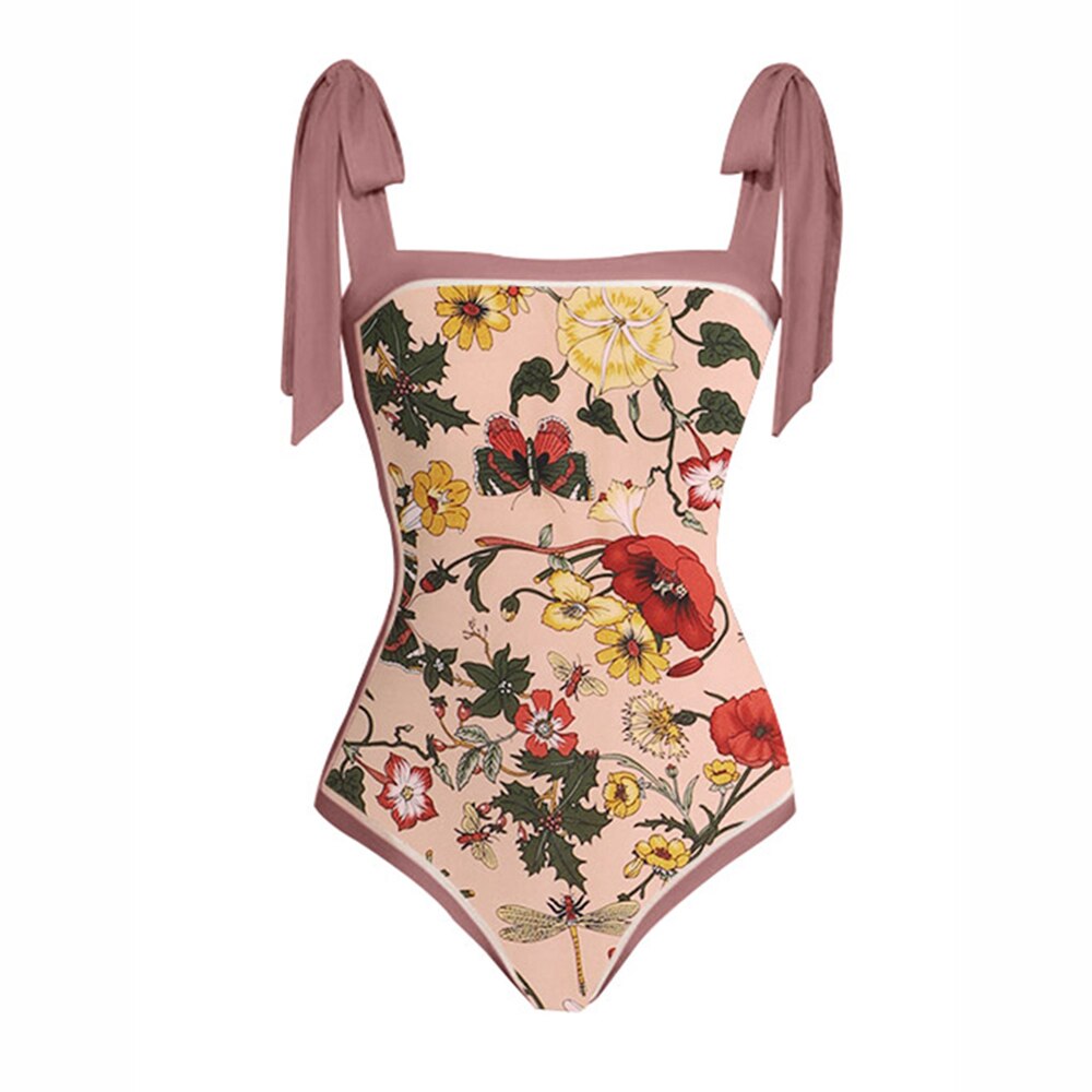 Lizakosht 2023 Vintage Floral Print One-Piece Triangle Micro Bikinis Sexy Swimsuit Pink Swimwear Women With Cover Up Summer Beach Luxury