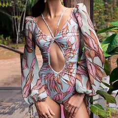 Lizakosht Sexy V-Neck Bandage Printing Long Sleeves Swimwear Women's Suit Surf Wear Push Up Micro Swimsuit Luxury Shorts Bourkini