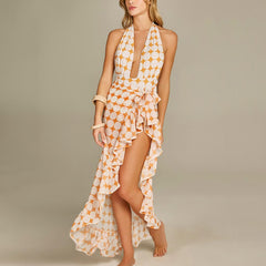 Lizakosht Deep V Print One Piece Swimsuit Backless Sexy Halter Bikini and Cover Up Summer Fashion Womens Beachwear Cutout for Women