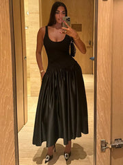 Lizakosht Black Elegant Pleated Sling Dress For Women Sleeveless Backless U-neck A Line Long Dresses Lady chic Evening Party Club Vestidos