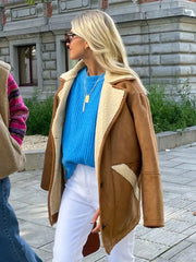 Lizakosht Brown Vintage Teddy Inside Blazer Collar Coats Single Breasted Pockets Long Sleeve Thick Jacket Winter Warm Chic Streetwear