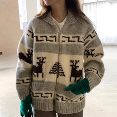 Lizakosht Chic Knitted Cardigan Women Sweaters Pull Print Zipper Christmas Sweater Temperament Vintage Casual Oversized Sweater Tops
