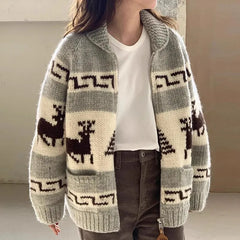 Lizakosht Chic Knitted Cardigan Women Sweaters Pull Print Zipper Christmas Sweater Temperament Vintage Casual Oversized Sweater Tops