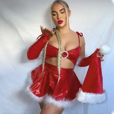 Lizakosht Christmas Party Mini Dress Women Sexy Furry Diamonds Buckle Hollow Out Y2K Metallic Spaghetti Straps Dresses with Sleeves Covers