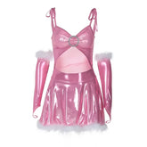 Lizakosht Christmas Party Mini Dress Women Sexy Furry Diamonds Buckle Hollow Out Y2K Metallic Spaghetti Straps Dresses with Sleeves Covers