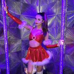 Lizakosht Christmas Party Mini Dress Women Sexy Furry Diamonds Buckle Hollow Out Y2K Metallic Spaghetti Straps Dresses with Sleeves Covers