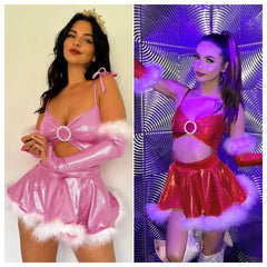 Lizakosht Christmas Party Mini Dress Women Sexy Furry Diamonds Buckle Hollow Out Y2K Metallic Spaghetti Straps Dresses with Sleeves Covers