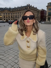 Lizakosht Dye-tie Contrast Golden Button Lace Lapel Loose Sweater 2 Piece Set Women Fashion Chic Knitted A-line Mini Skirts Street Suits