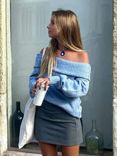 Lizakosht Elegant Blue Women Casual Slash Neck Knit Jumper Autumn Chic Casual Long Sleeve Loose Pullover Sweater Lady Office Party Outwear