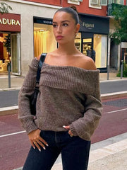 Lizakosht Elegant Blue Women Casual Slash Neck Knit Jumper Autumn Chic Casual Long Sleeve Loose Pullover Sweater Lady Office Party Outwear