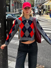 Lizakosht Elegant Grid Contrast Knitted Sweater For Women Fashion Lapel Full Sleeve Short Pullover Chic Female Office Warm Lady Tops 224