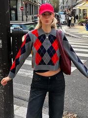 Lizakosht Elegant Grid Contrast Knitted Sweater For Women Fashion Lapel Full Sleeve Short Pullover Chic Female Office Warm Lady Tops 224