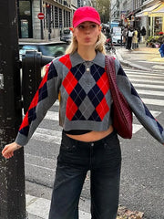 Lizakosht Elegant Grid Contrast Knitted Sweater For Women Fashion Lapel Full Sleeve Short Pullover Chic Female Office Warm Lady Tops 224