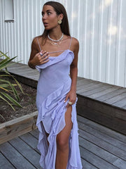 Lizakosht Elegant Purple Ruffle Sling Dress Woman Fashion Solid Backless Slip Long Dresses 2023 Summer Sexy Female Party Evening Dresses