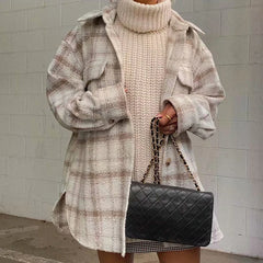 Lizakosht Women Autumn Winter Fashion Plaid Khaki Thick Coats Overshirt Female Stylish Pockets Plaid Long Jackets Overisze Outwear