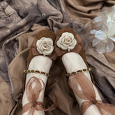 Lizakosht Fashion Flower Velvet Mary Jane Silk Ribbon Lace Up Ballet Shoes Women Square Toe Women Flats Elegant Valentine Shoes