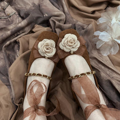 Lizakosht Fashion Flower Velvet Mary Jane Silk Ribbon Lace Up Ballet Shoes Women Square Toe Women Flats Elegant Valentine Shoes