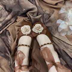 Lizakosht Fashion Flower Velvet Mary Jane Silk Ribbon Lace Up Ballet Shoes Women Square Toe Women Flats Elegant Valentine Shoes