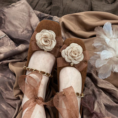 Lizakosht Fashion Flower Velvet Mary Jane Silk Ribbon Lace Up Ballet Shoes Women Square Toe Women Flats Elegant Valentine Shoes