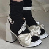 Lizakosht Fashion French Style Silks Big Bow Summer Sandals Women Sexy Shoes Party Dress Thick Heel Wedding Sandals