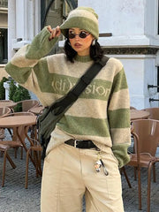 Lizakosht Fashion Green Stripe Knit O-neck Women Jumper Long Sleeve Loose Casual Chic Sweater Knitwear Autumn Lady Soft Streetwear Outwear