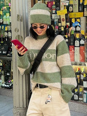 Lizakosht Fashion Green Stripe Knit O-neck Women Jumper Long Sleeve Loose Casual Chic Sweater Knitwear Autumn Lady Soft Streetwear Outwear