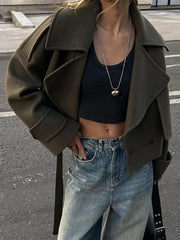 Lizakosht Fashion Long Sleeve Wool Cropped Coat Women V-neck Warm Short Cardigan Jacket Autumn Winter Female High Street Outwears