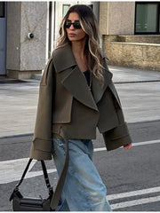 Lizakosht Fashion Long Sleeve Wool Cropped Coat Women V-neck Warm Short Cardigan Jacket Autumn Winter Female High Street Outwears