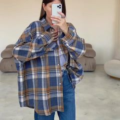 Lizakosht Fashion Loose Plaid Women'S Blouse Elegant Lapel Long Sleeve Office Shirts And Blouses Vintage Oversize Top Female