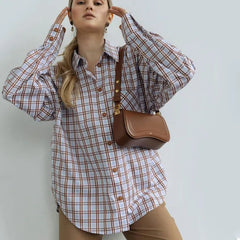 Lizakosht Fashion Plaid Print Women'S Blouse Elegant Lapel Long Sleeve Office Shirts & Blouses Casual Loose Tops Female Clothing