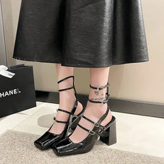 Lizakosht Fashion Women Pumps Mary Jane Heels Chunky Strappy Black Square Toe Heels Lolita Slingback Heels Cute Shoes Womens Shoes