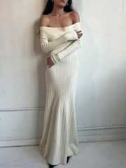 Lizakosht Female Fashion Chic Solid Strapless Maxi Dresses Elegant Off Shoulder Long Sleeve Dress 2023 Autumn Ladies Party Club Robes