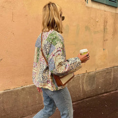 Lizakosht Floral Print Patchwork Single Breasted Quilted Cotton Coat Oversized Long Sleeve Stand Women Jacket Autumn Chic Casual Outwears