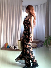 Floral Strap Midi Dress Women Sleeveless Beach Vintage Dress Female French Elegant Bodycon One Piece Dress Korean 2023 Summer