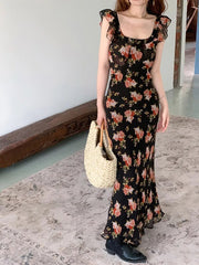 Floral Strap Midi Dress Women Sleeveless Beach Vintage Dress Female French Elegant Bodycon One Piece Dress Korean 2023 Summer